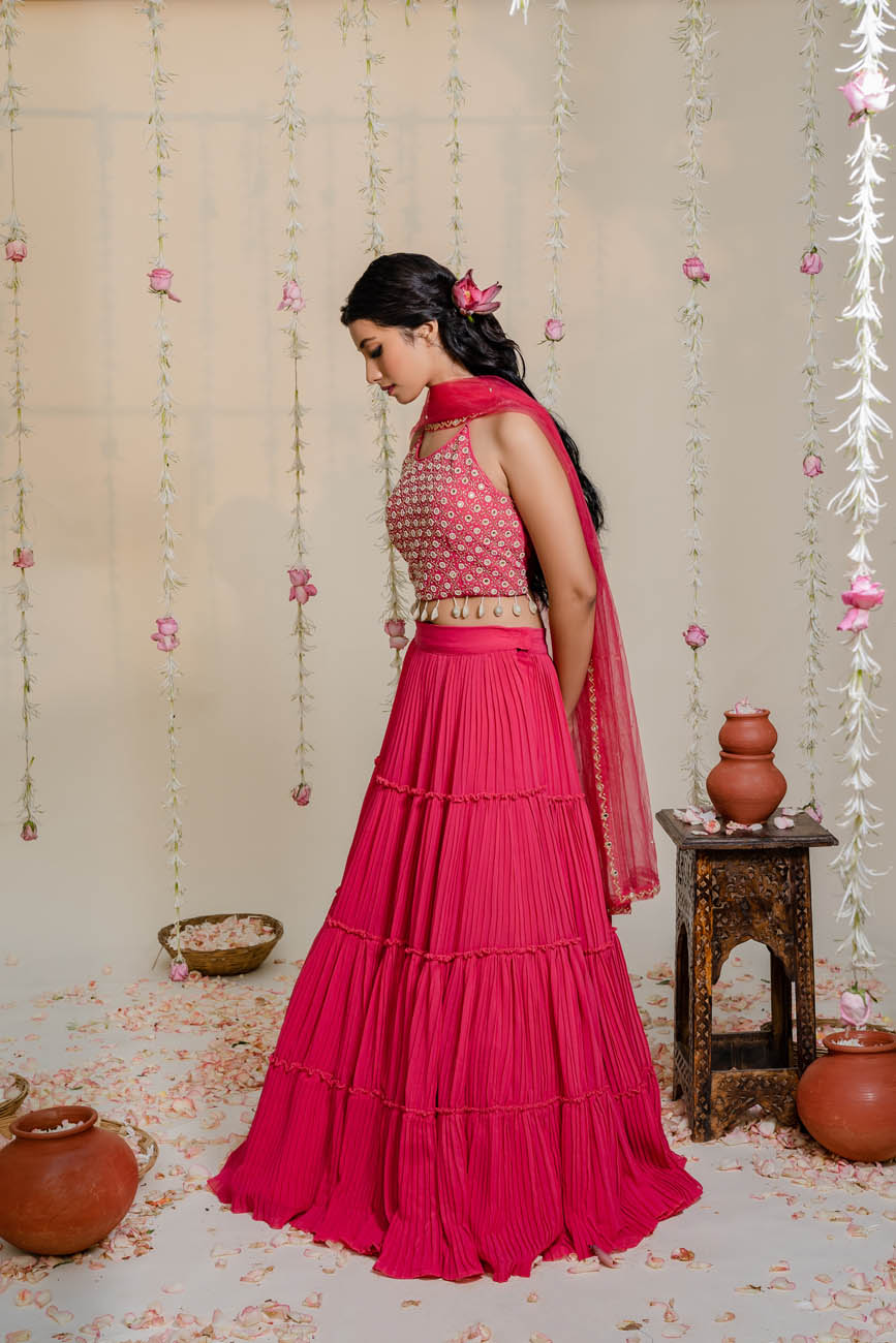 Pleated Embroidered Fuschia Hot Pink Lehenga